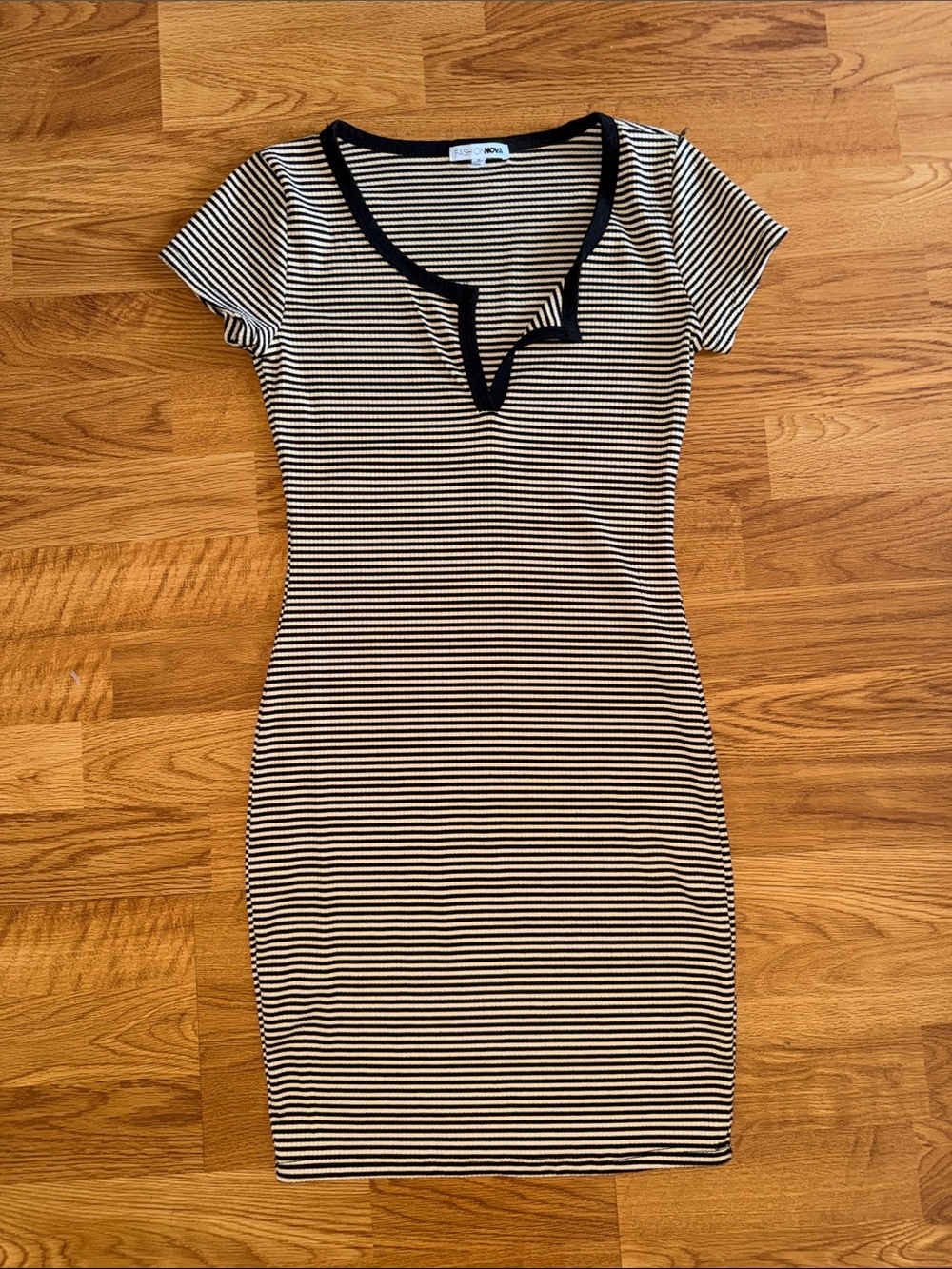 Fashion Nova Striped Black and Cream Ribbed Bodycon Dress